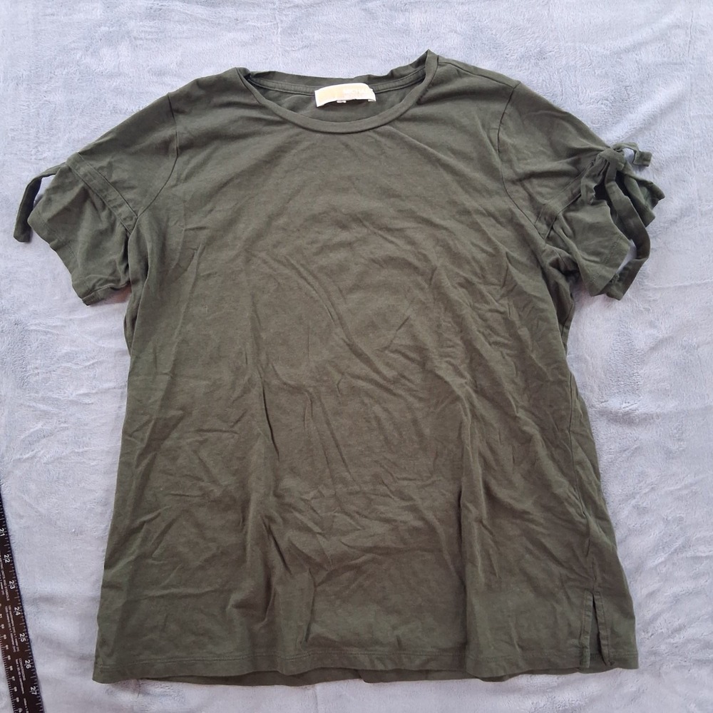 Michael Kors Womens L Olive Green Tie Sleeve T-Shirt Top Logo Accent